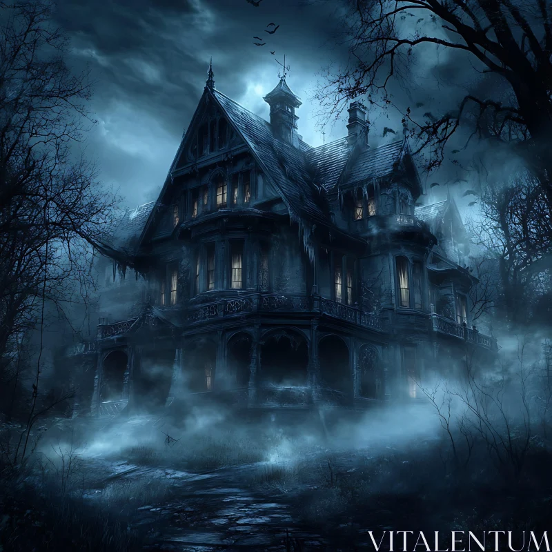 Moonlit Gothic Mansion in Foggy Night AI Image