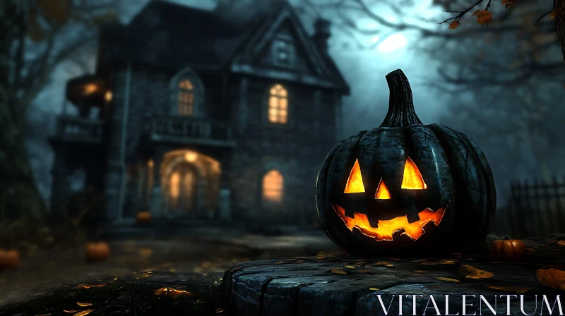 Spooky Halloween Pumpkin by a Haunted House AI Image