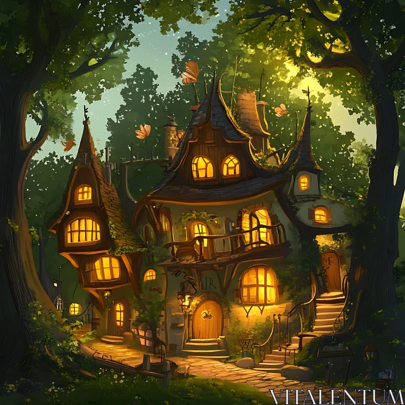 AI ART Magical Night Scene of a Glowing Forest Cottage