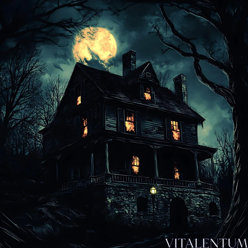 Eerie Mansion in Moonlight AI Image