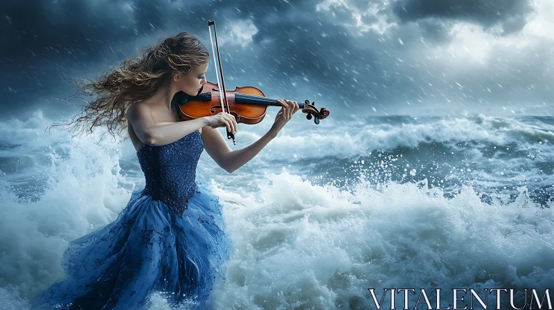 Violinist in a Stormy Ocean AI Image