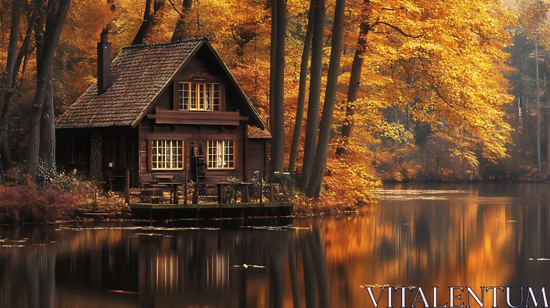 Tranquil Forest Cabin in Autumn by a Reflective Lake AI Image