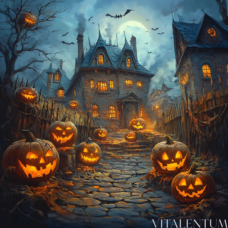 Haunted House with Glowing Pumpkins and Bats AI Image