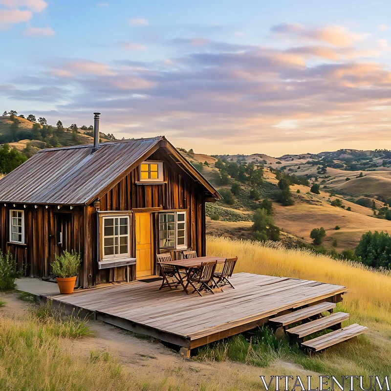 Rustic Cabin with Deck in Peaceful Countryside AI Image