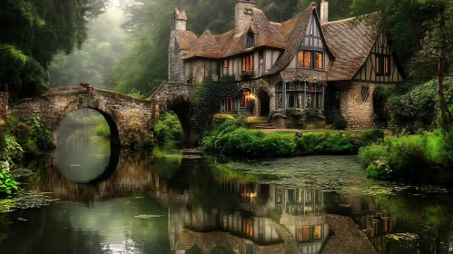 Mysterious Stone House with Reflection in the Forest