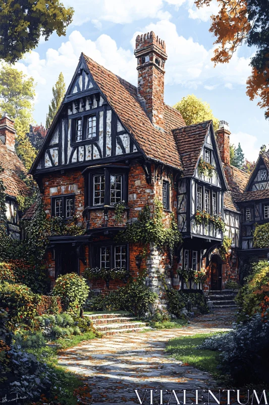 AI ART Picturesque Tudor Cottage with Vines and Garden