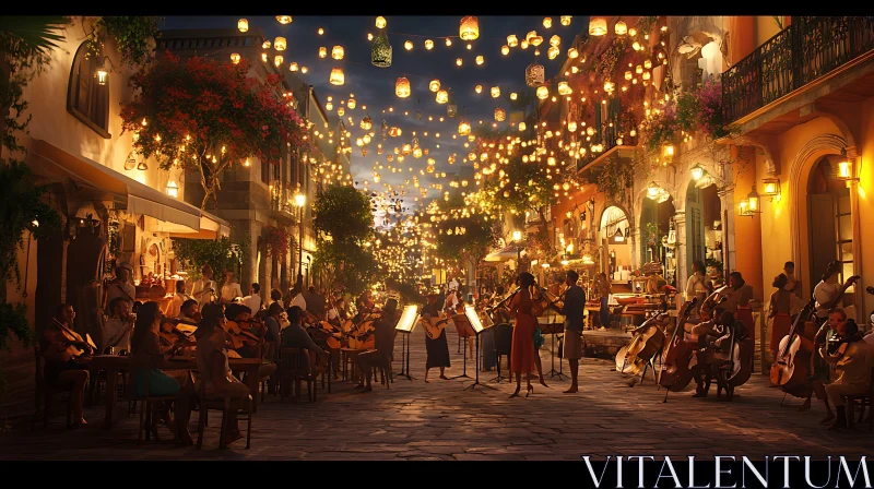 Orchestra Under Lanterns on a Historic Street AI Image