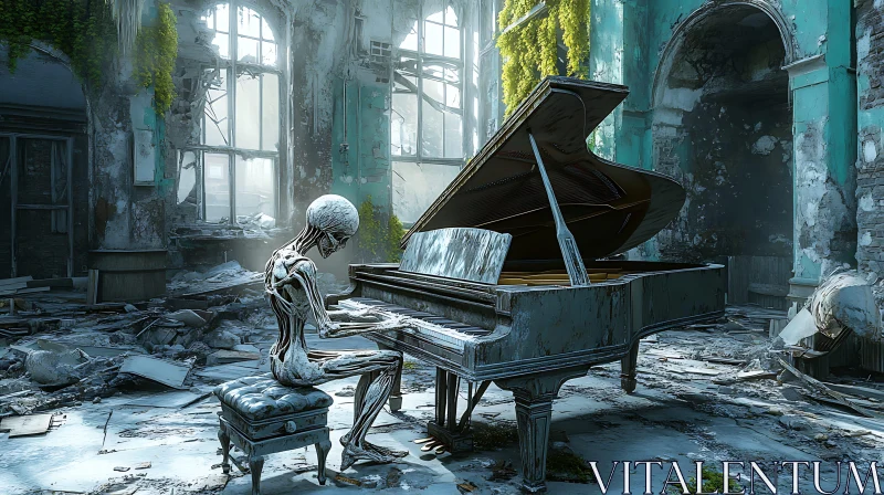 Ghostly Musician in a Ruined Abandoned Building AI Image