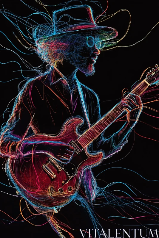 Vibrant Neon Line Drawing of Musician Playing Guitar AI Image