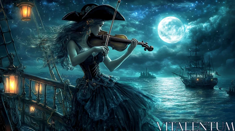 Enchanting Pirate with Violin Under Moonlit Night AI Image