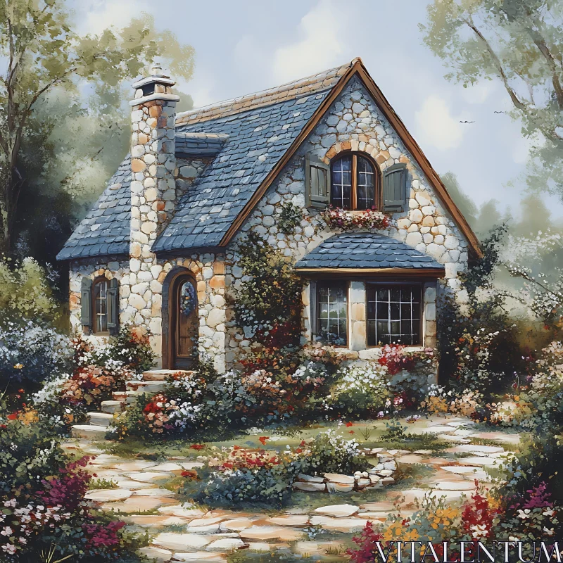 Quaint Stone Cottage Surrounded by Blooming Garden AI Image