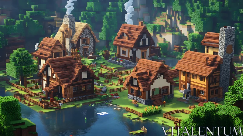 Tranquil Village Landscape in Pixel Art AI Image