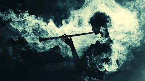 Mystical Flute Silhouette with Swirling Smoke