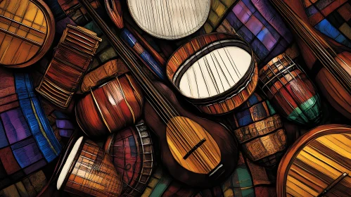 Colorful Mosaic of Musical Instruments and Drums