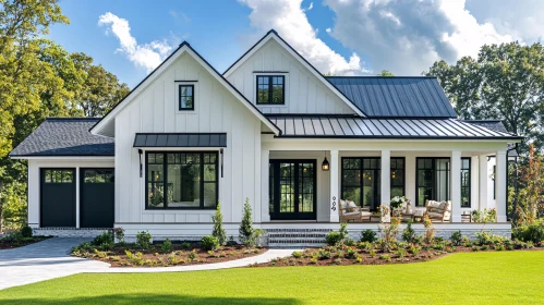 Elegant Modern Home with Black Roof and Large Porch