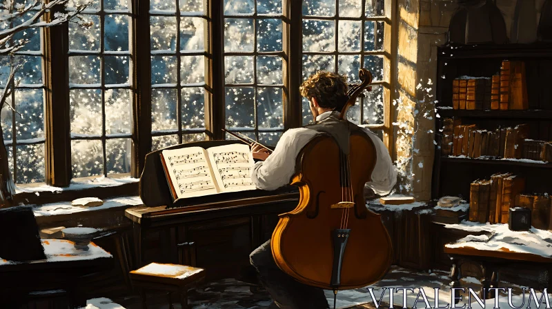 AI ART Winter Music Scene with Cello and Falling Snow