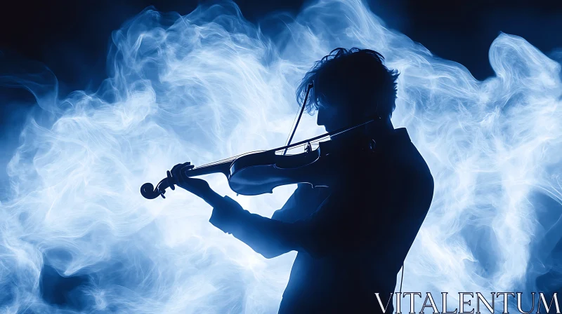 AI ART Blue Smoke Violinist Silhouette