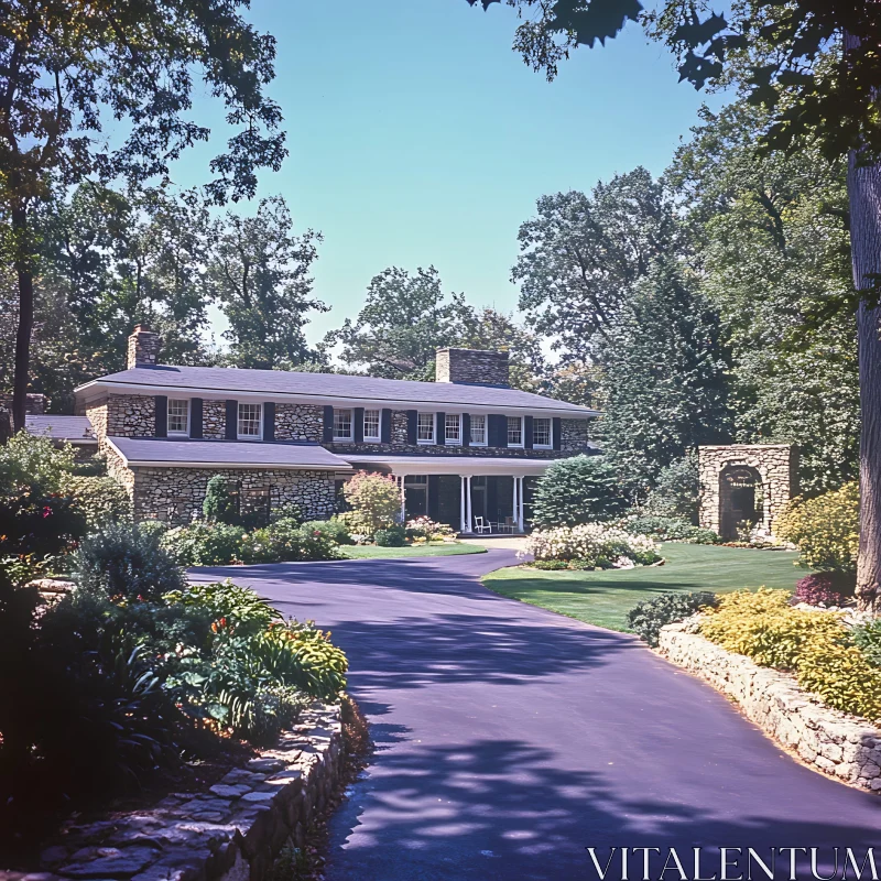 Elegant Stone House with Verdant Landscaping AI Image