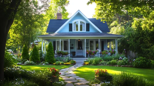 Beautiful Blue House with Green Garden and Tree Surroundings