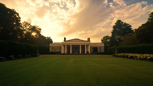 Grand White Mansion with Sunset Sky