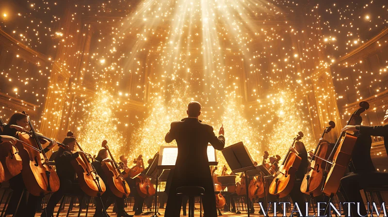 Ethereal Orchestra Performance with Golden Illuminations AI Image