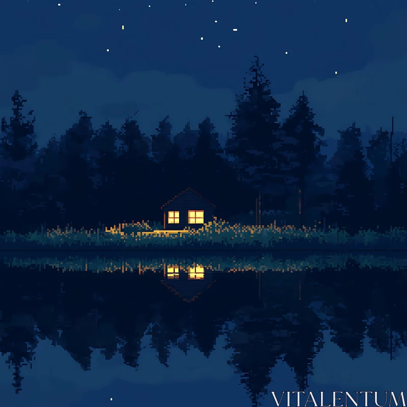 AI ART Serene Night with Cabin and Lake Reflection