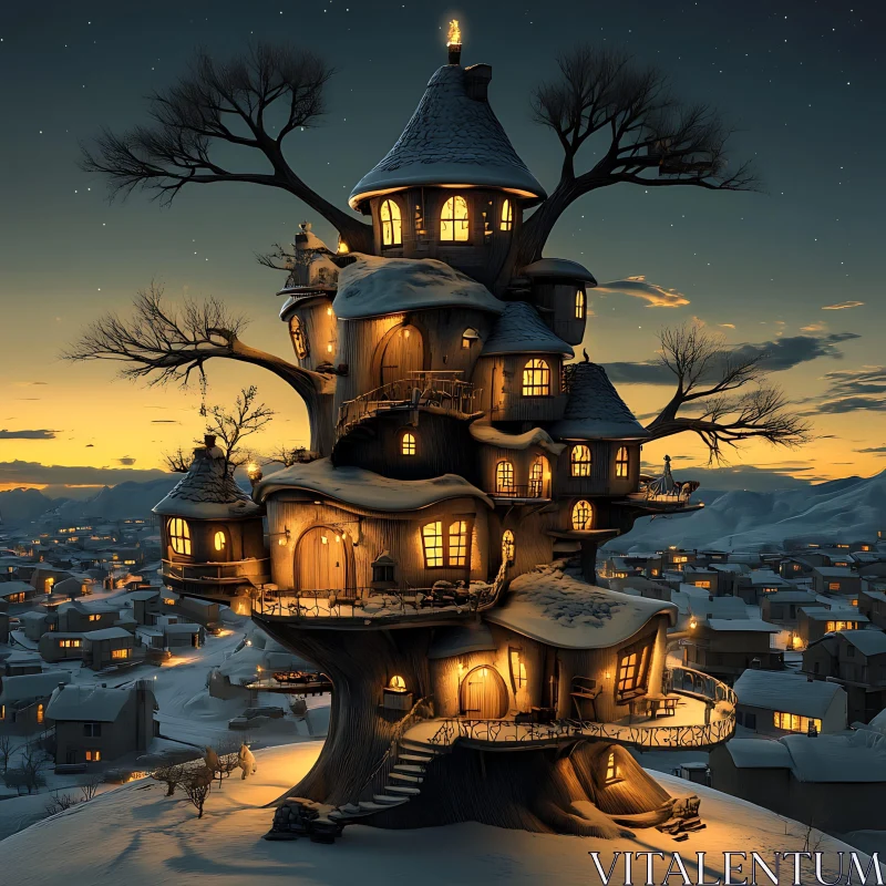 AI ART Whimsical Treehouse in a Snow-Covered Landscape