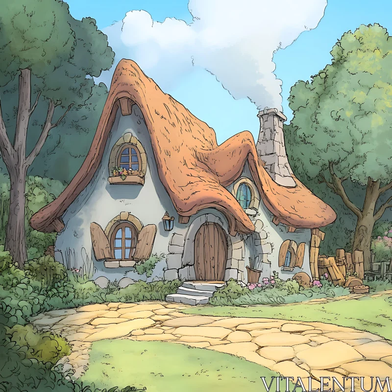 Fairytale House in Forest with Orange Thatched Roof AI Image