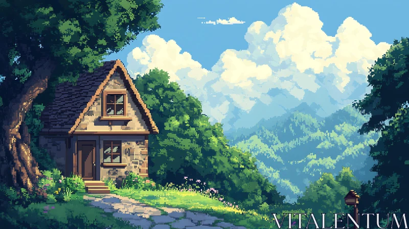 Pixel Art Mountain Cottage Scene AI Image