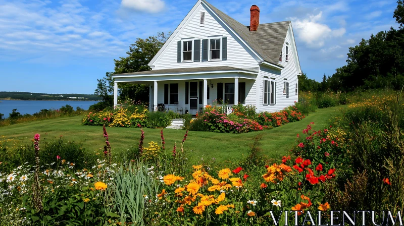 AI ART White Cottage with Vibrant Flower Garden