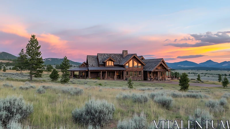 AI ART Picturesque Wooden Cabin in Wilderness at Dusk