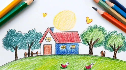 Vibrant Child Art of House and Trees