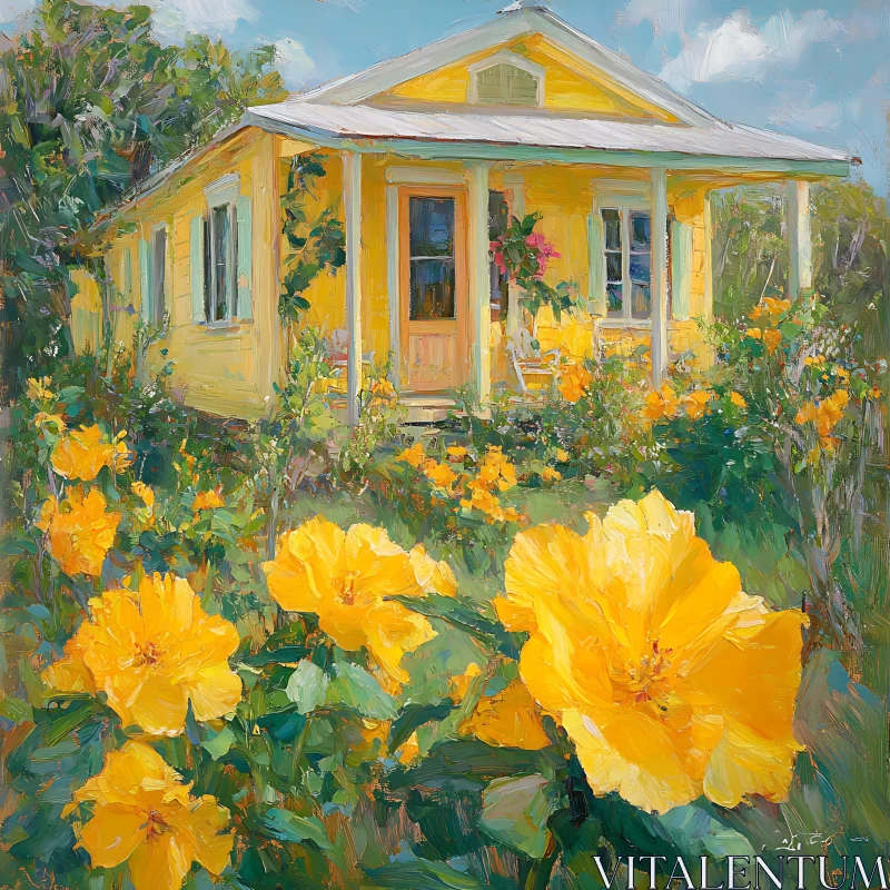 Sunny Cottage with Yellow Flowers AI Image