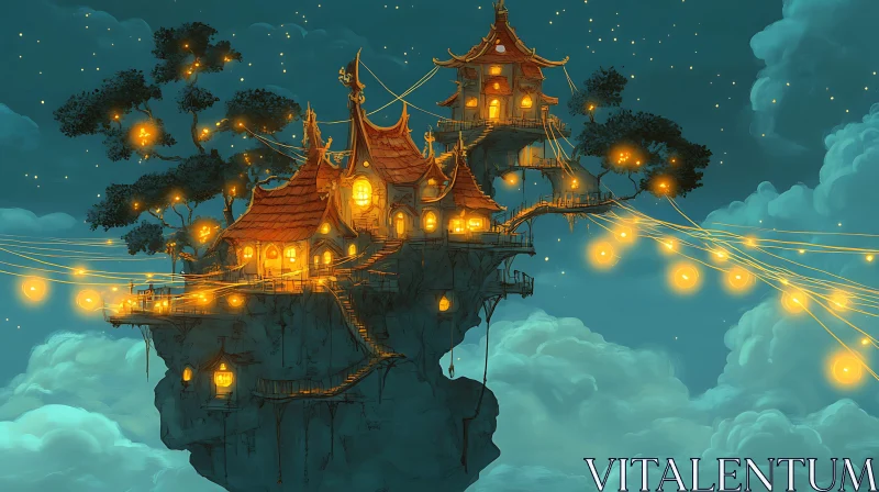 AI ART Enchanting Fantasy Scene with Floating House and Lanterns