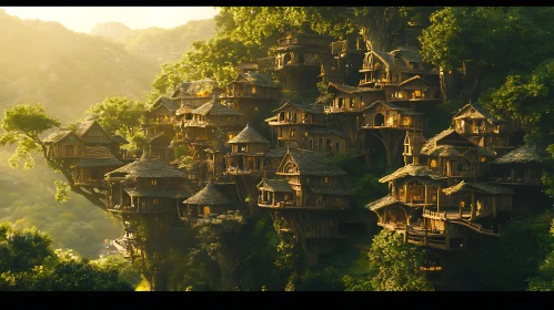 Sunlit Treehouse Community in Dense Forest