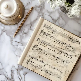 Vintage Musical Score on Marble with Gold Pen