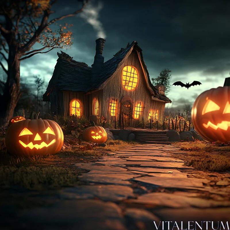 Haunted House During Halloween Night AI Image