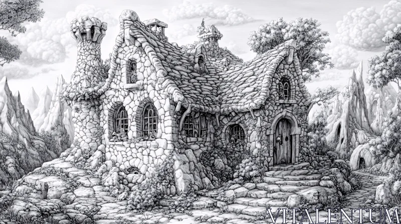 Fantastical Stone Cottage Illustration AI Image