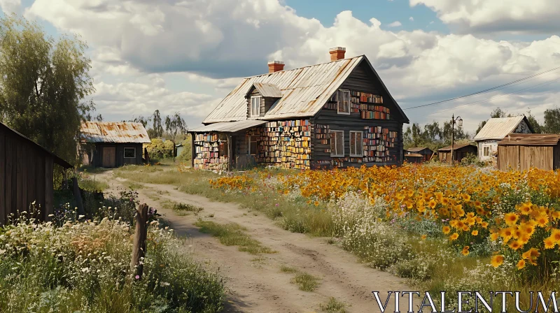 Colorful Books Decorate a Countryside Home Amidst Wildflowers AI Image