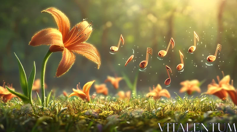 Magical Orange Flower with Floating Musical Notes AI Image