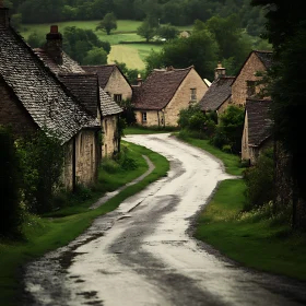 Scenic Wet Village Road with Quaint Stone Houses