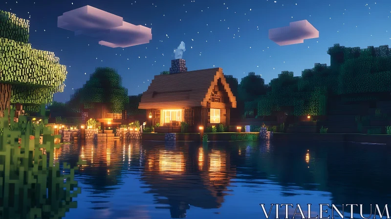 Tranquil Night at a Lakeside Cabin in Pixels AI Image