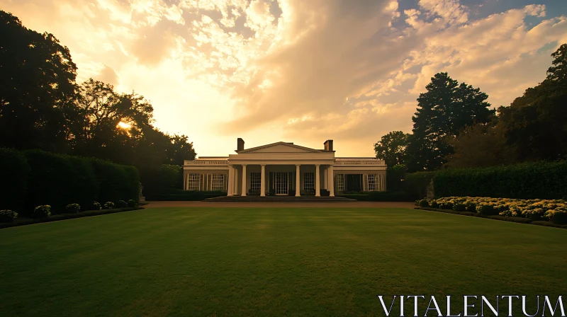 Grand White Mansion with Sunset Sky AI Image