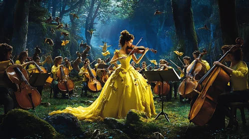 Violinist in Yellow Dress Leading Forest Orchestra