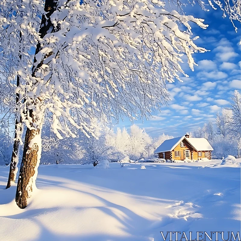 Winter Wonderland with Snowy Cabin and Trees AI Image