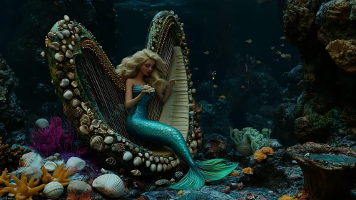 Mythical Mermaid with Harp Underwater