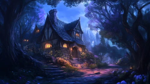 Fairytale Cottage Under Moonlit Forest