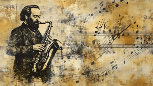 Saxophonist in Sepia Art with Musical Notes