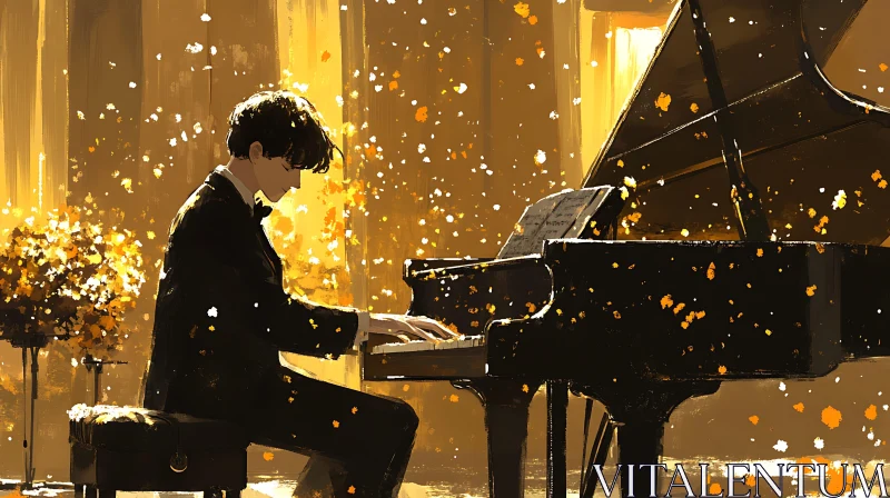 Musician at Grand Piano in Artistic Golden Stage Lighting AI Image