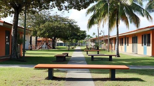 Tranquil Pathway with Benches and Shade